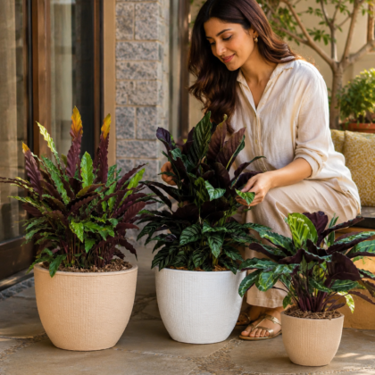 Woman tending to leafy plants in various Decco Planters outdoors on a patio.