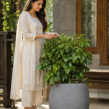 Woman in white standing next to a leafy green plant in a blue ceramic Iris Planter.