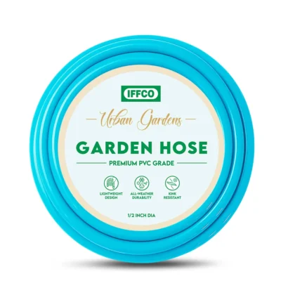 Coiled blue PVC garden hose with product label detailing lightweight and kink-resistant features.