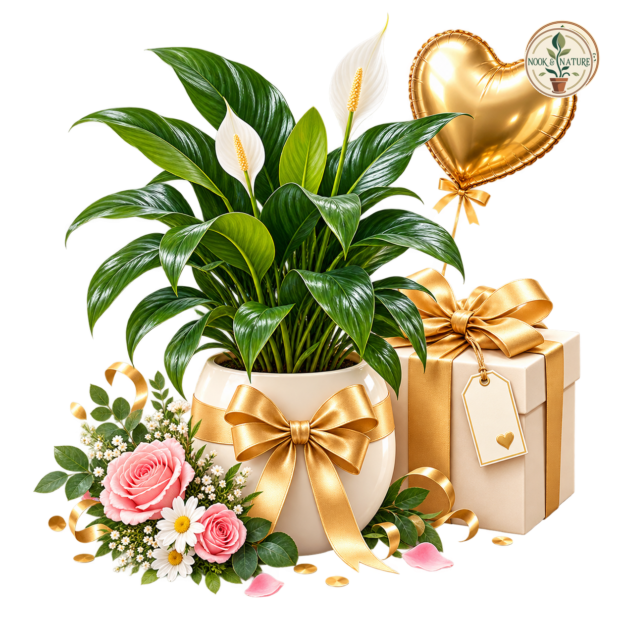 Potted plant with white flowers, gift box, flowers, and gold heart-shaped balloon.