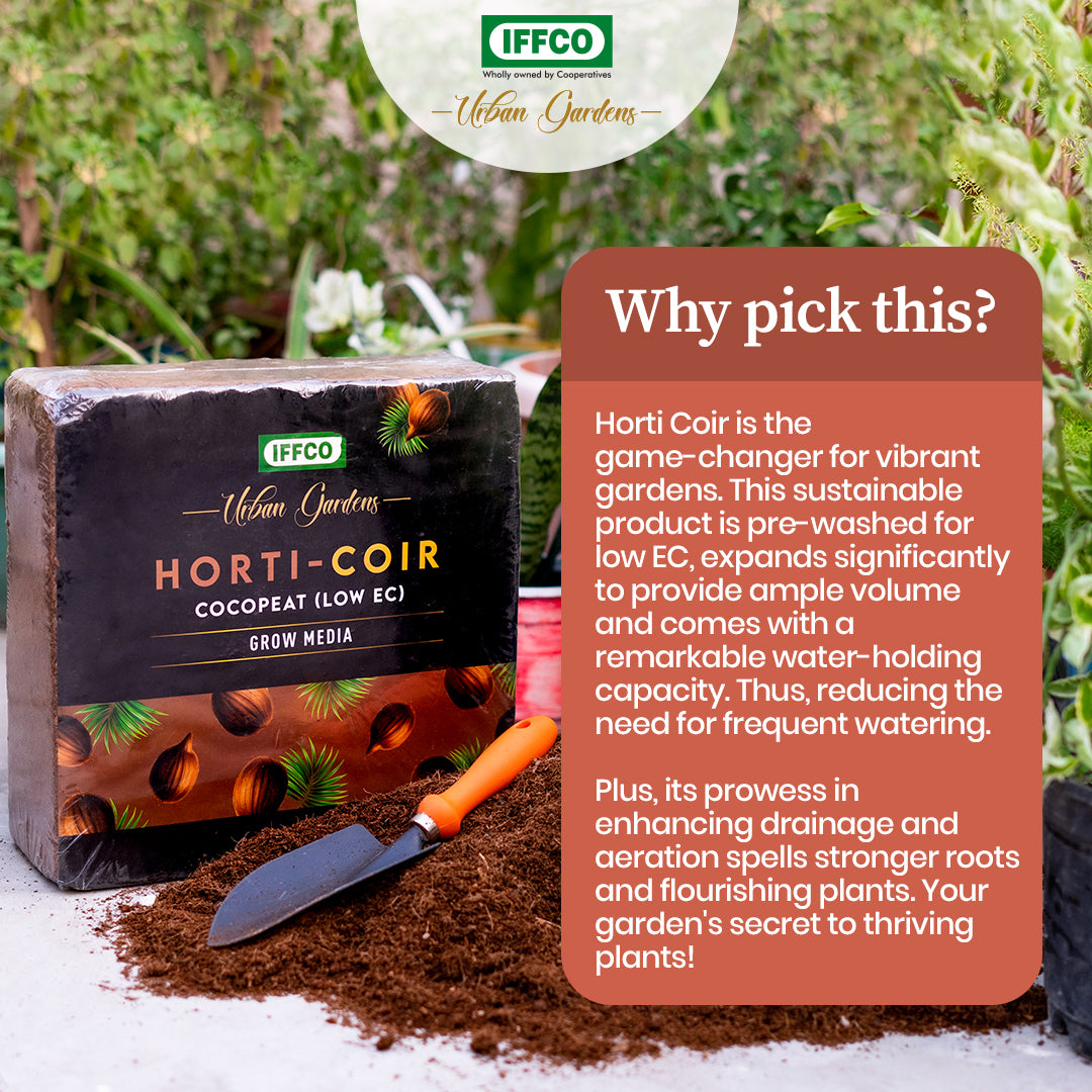 Horti-Coir Cocopeat block with a small garden trowel and loose cocopeat, alongside feature text.