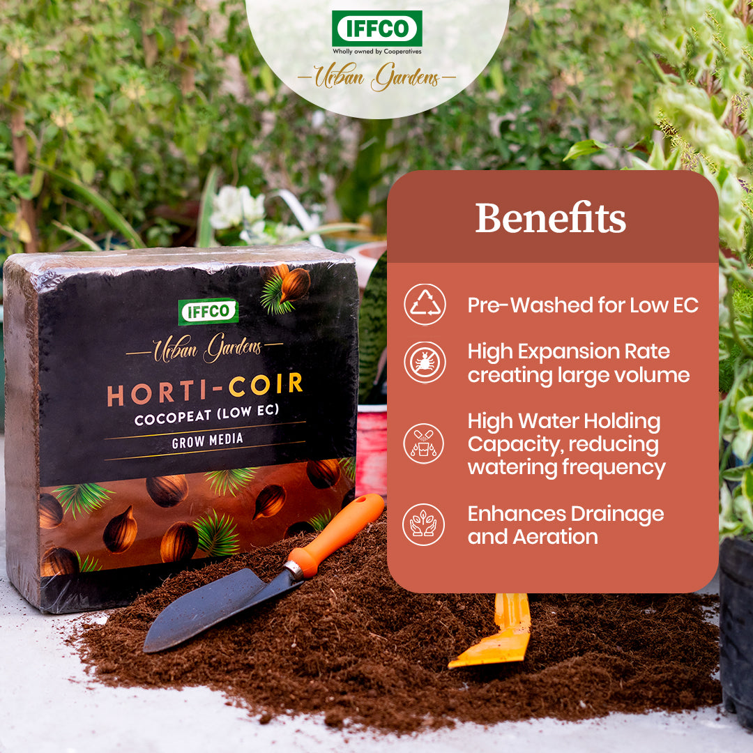 Horti-Coir low EC cocopeat block with a garden trowel and a panel listing its benefits.