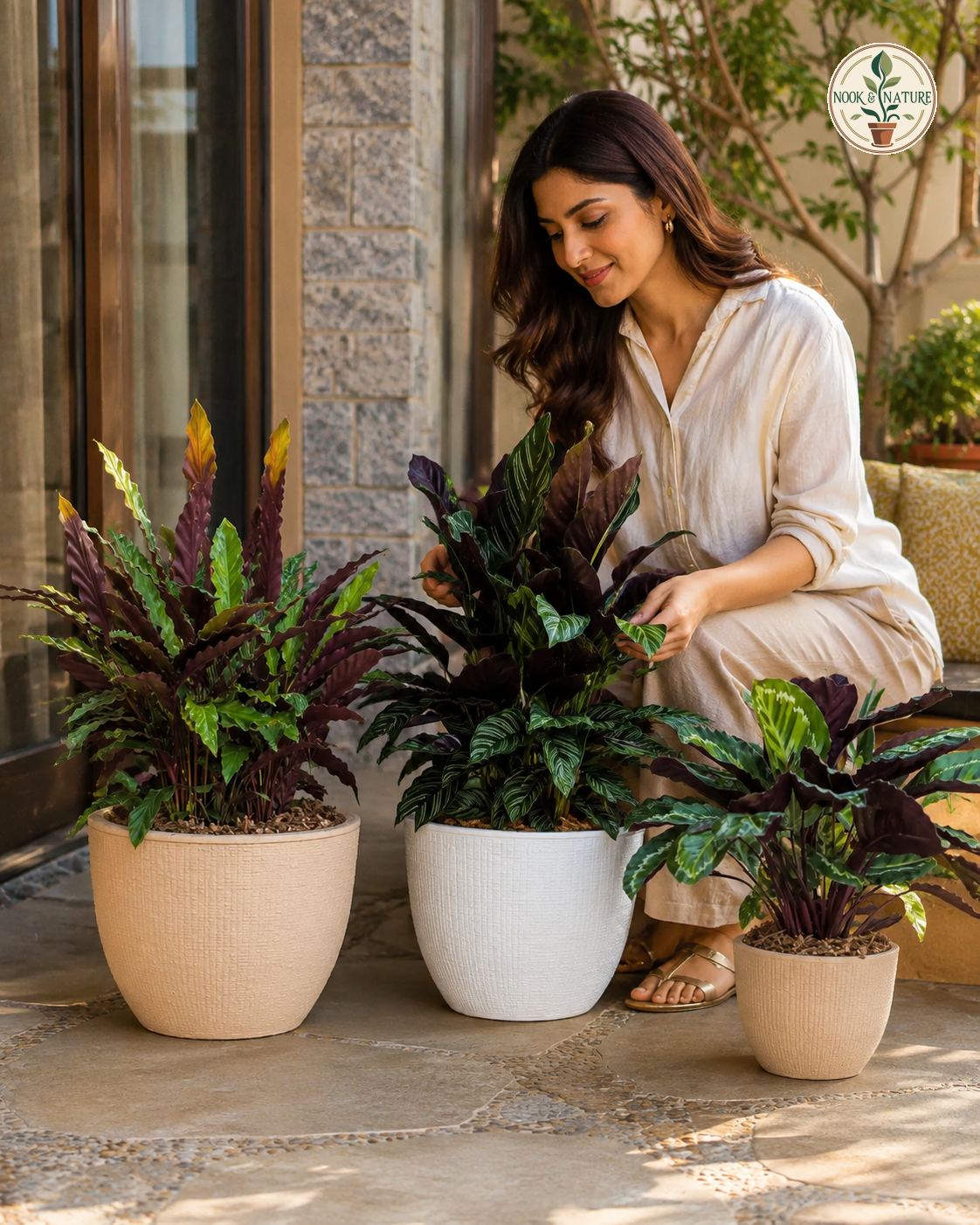 Woman tending to leafy plants in various Decco Planters outdoors on a patio.