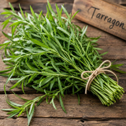 A bunch of fresh green tarragon tied with twine on a wooden surface next to a plant marker.