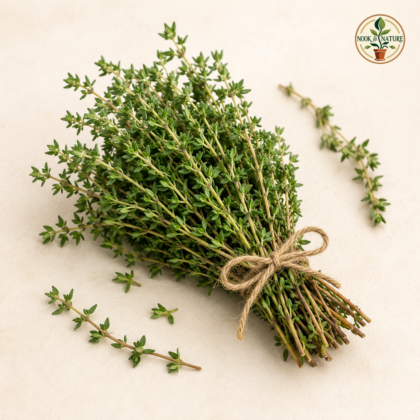 A fresh bunch of thyme tied with twine and loose sprigs on a neutral background.