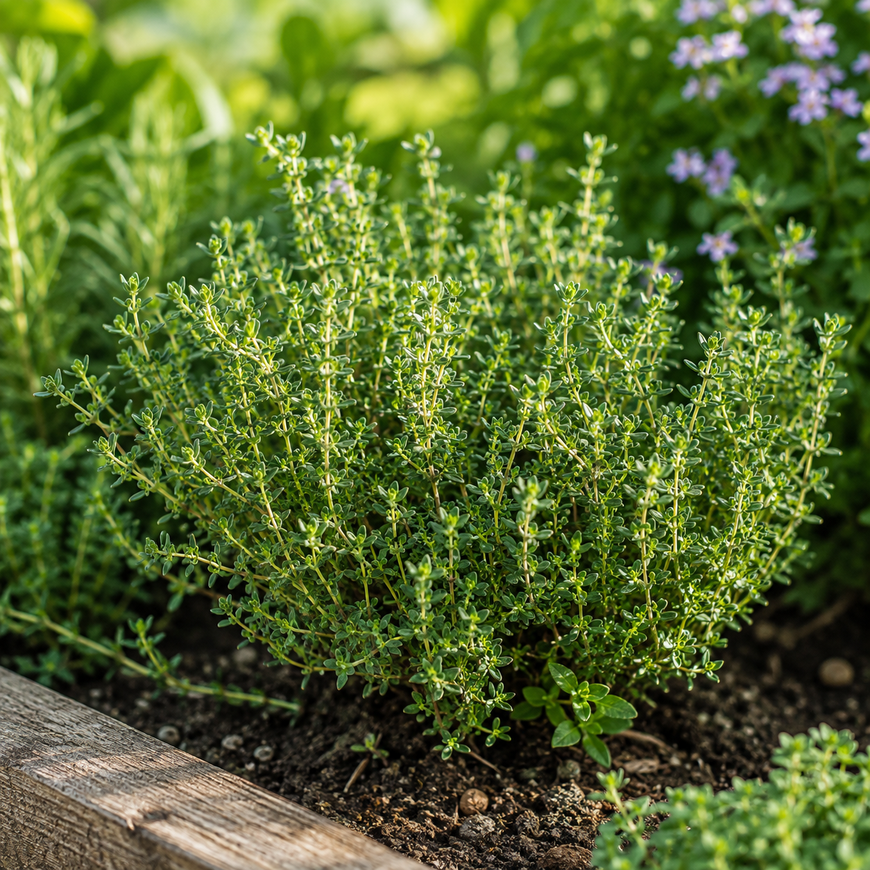A compact thyme plant growing in a garden bed with wooden edging.
