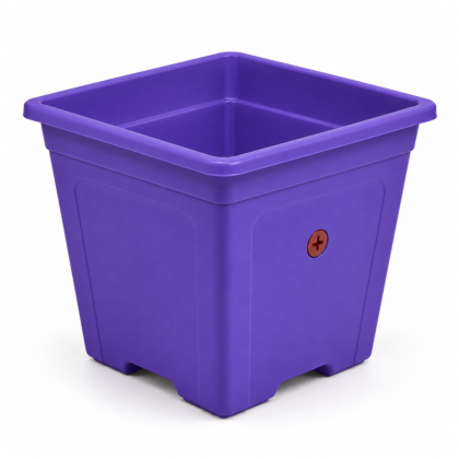 Purple square time planter with a red plug on the side against a white background.