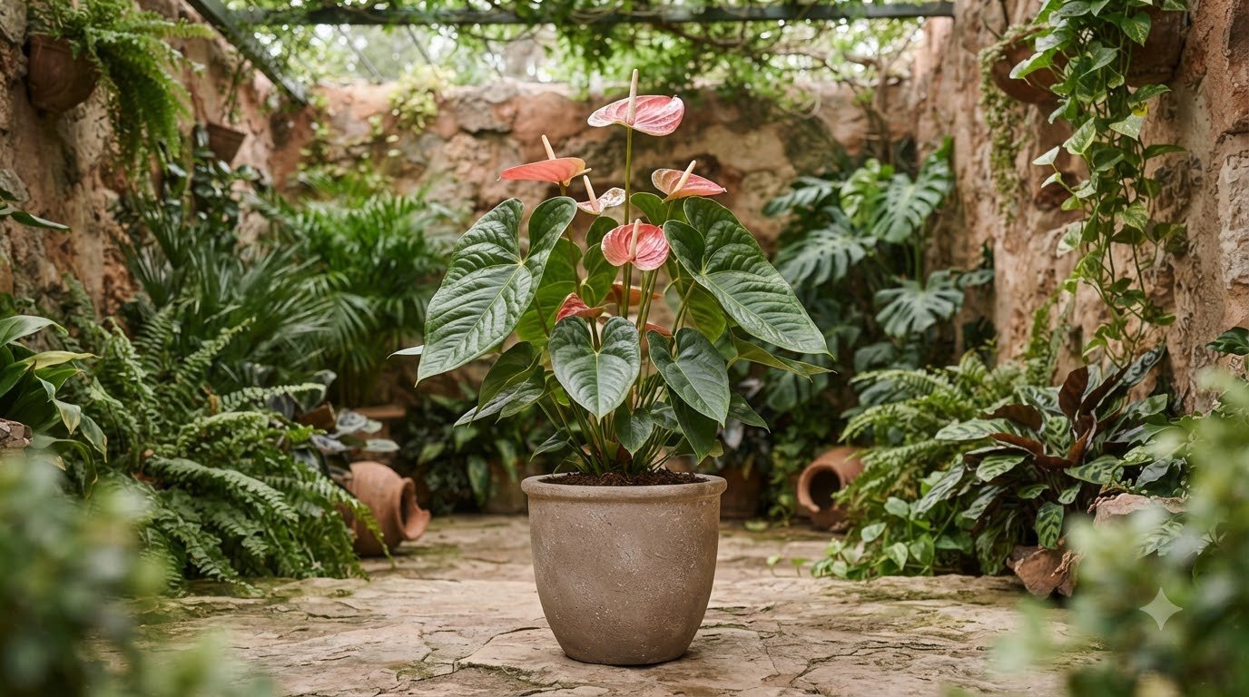 Anthurium arandae plant in a grey pot, surrounded by lush garden greenery and stone walls.