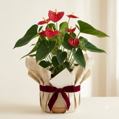 Anthurium plant in a pot wrapped with patterned paper, tied with a velvet ribbon and holding a blank card.