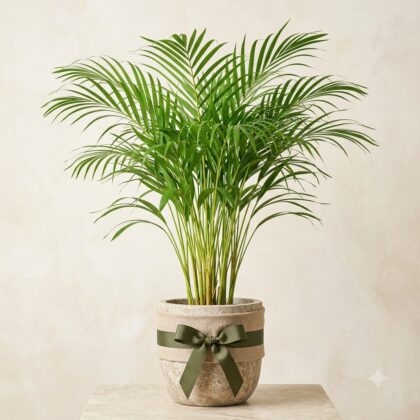 Areca palm in a speckled pot wrapped with a fabric band and tied with a green ribbon.