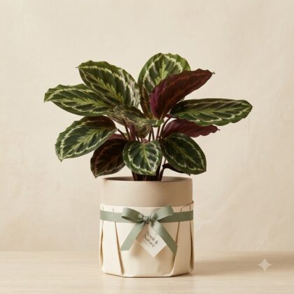 Calathea plant in a wrapped decorative pot with a green ribbon and Nook & Nature tag.