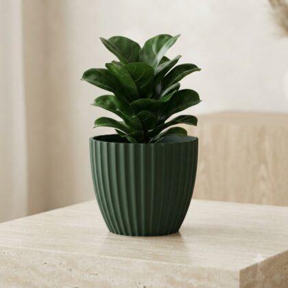 Dark green ridged Euro planter holding a leafy green plant on a stone surface.