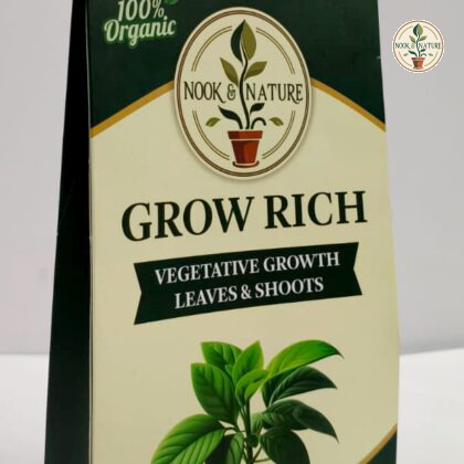 GrowRich 100g vegetative growth plant food packaging by Nook & Nature.