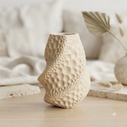 Moon Flower Vase with a textured, organic surface on a wooden surface against a neutral background.