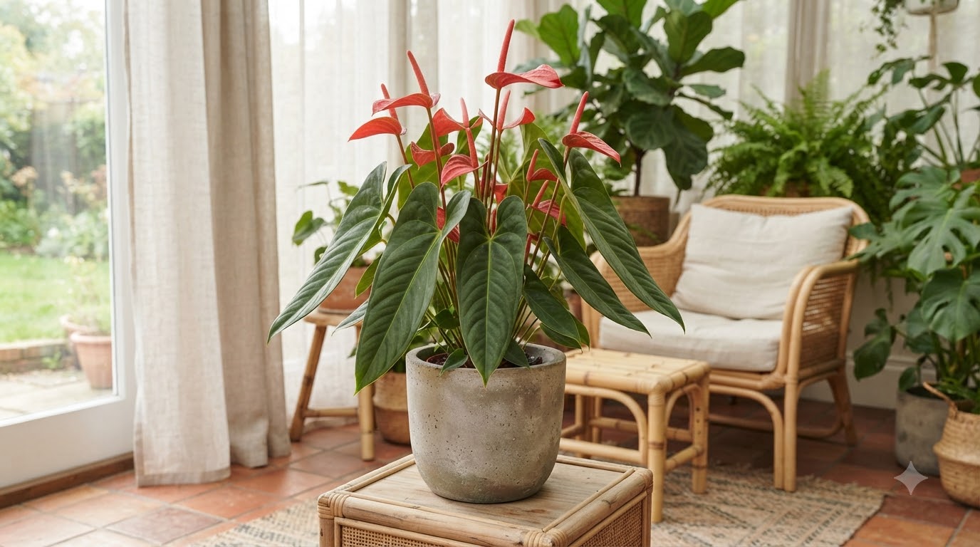 Potted Anthurium corallinum with glossy green leaves and bright red spathes in a sunroom.