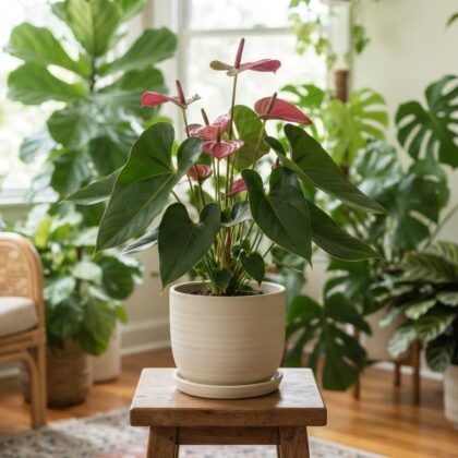 Anthurium cordiforme in a white pot on a wooden stool in a plant-filled room.