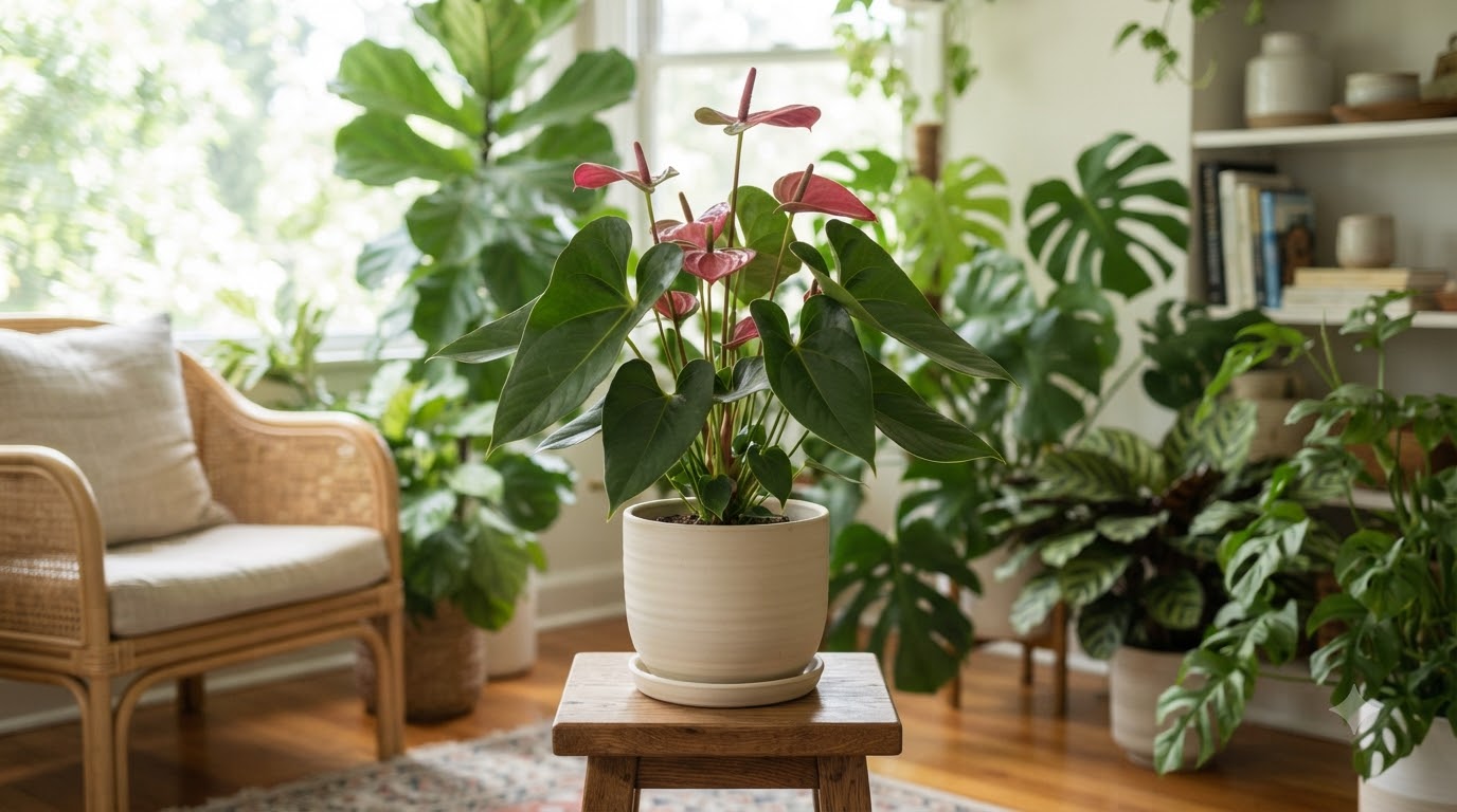 Anthurium cordiforme in a white pot on a wooden stool in a plant-filled room.