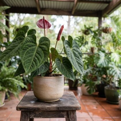 Anthurium cordobense in a ceramic pot on a wooden stool on a plant-filled porch.
