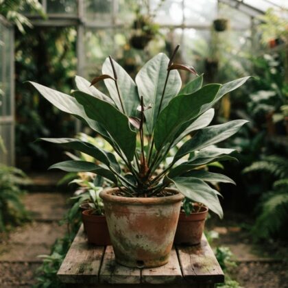 Potted Anthurium coriaceum with large, leathery leaves in a greenhouse setting.