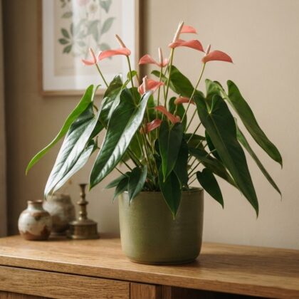 Anthurium coripatense plant with glossy green leaves and pink flowers in a green ceramic pot on a wooden sideboard.