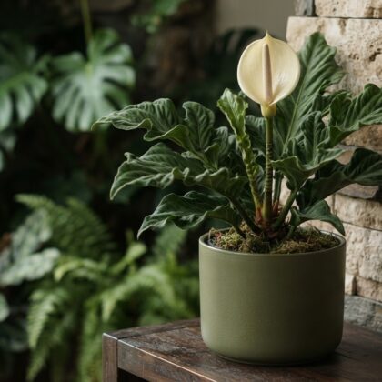 Potted Anthurium crassiradix with dark wavy leaves and a pale spathe resting on a wooden surface.