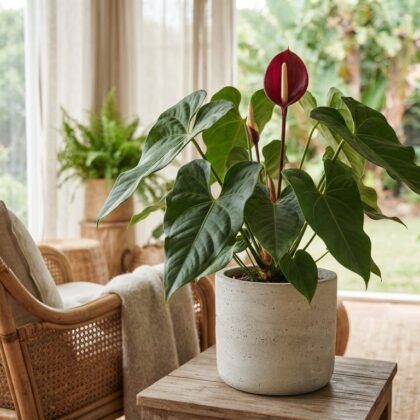 Anthurium cremersii plant in a light grey pot on a wooden stool in a bright living room.