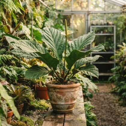 Anthurium cubense plant in a clay pot resting on a wooden bench inside a greenhouse.