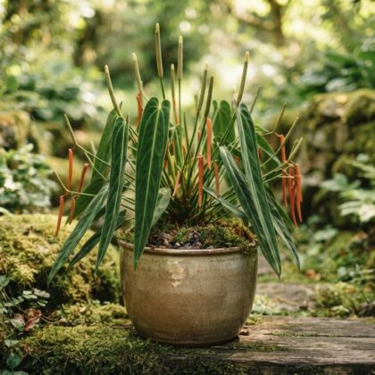 Anthurium cylindratum potted plant with long narrow leaves and inflorescences in a lush garden setting.