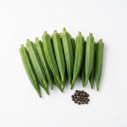Fresh green okra pods arranged in a row with a small pile of round seeds below on a white background.