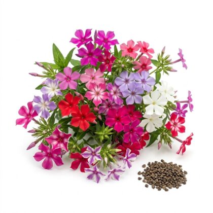 A colorful arrangement of phlox flowers in various shades with a pile of seeds nearby.