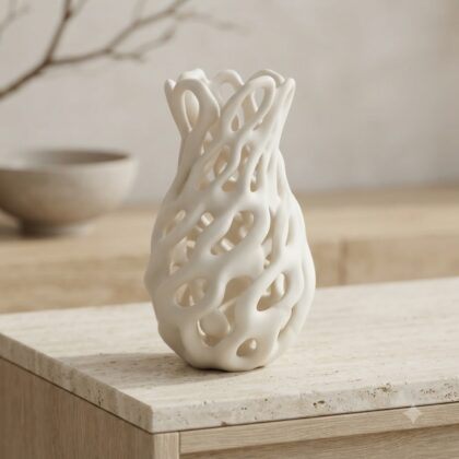Prime Flower Vase with an intricate openwork lattice design on a stone countertop.