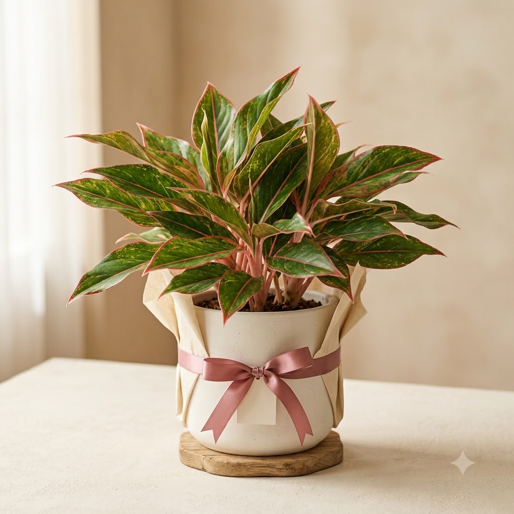 Aglaonema plant in a neutral planter wrapped with a pink ribbon and bow on a wooden base.