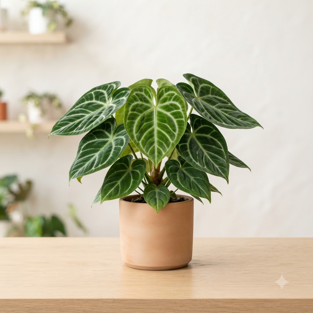 Anthurium crystallinum plant with prominent white veins in a terracotta pot on a wooden surface.