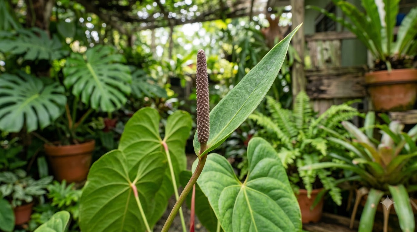 Anthurium abajoense plant showing a textured inflorescence spadix and green leaves in a garden setting.