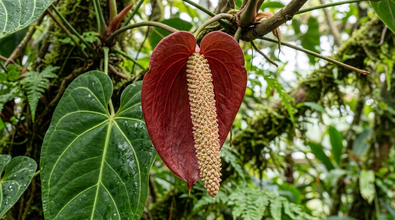 Anthurium abajoense with a dark red spathe and long textured spadix amidst lush green foliage.