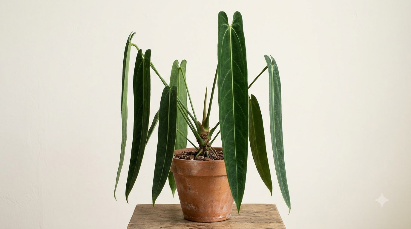 Anthurium abajoense with long, narrow, velvety dark green leaves growing in a terracotta pot on a wooden stand.