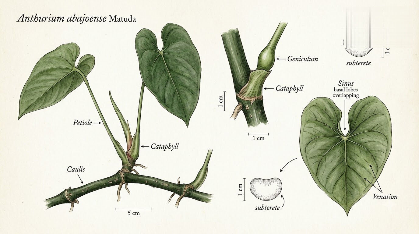 Botanical illustration of Anthurium abajoense growth habit showing labeled plant parts including leaves, stem, and petiole.