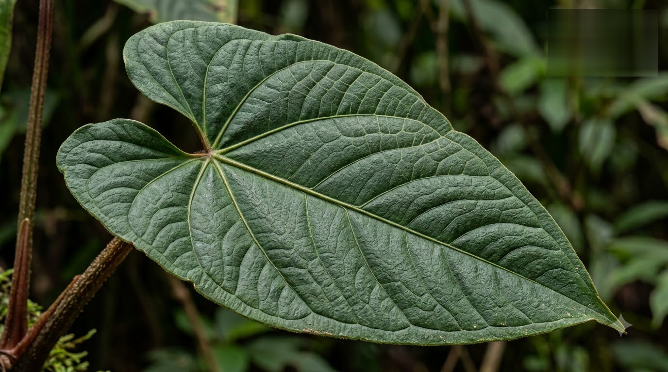 Close-up of a textured Anthurium abajoense leaf with prominent veins against a blurred background.