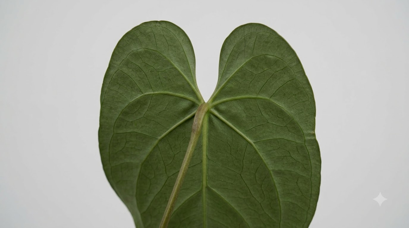 Close-up of the textured green leaf structure and prominent veins of an Anthurium abajoense against a plain background.