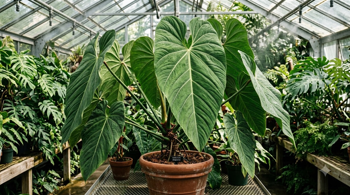 Anthurium abajoense plant in a large terracotta pot inside a greenhouse with lush foliage in the background.