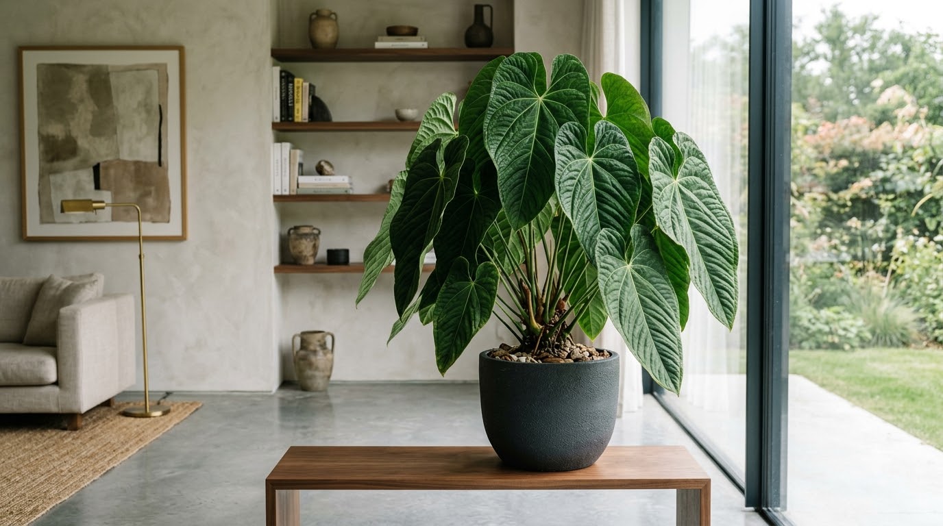 Large Anthurium abajoense with textured green leaves in a dark pot on a wooden bench inside a bright modern living room.