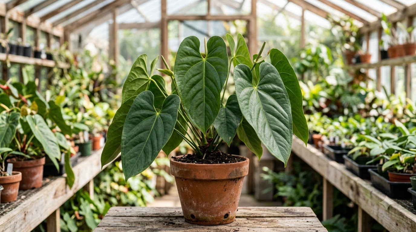 Anthurium abajoense in a terracotta pot resting on a wooden table inside a greenhouse.