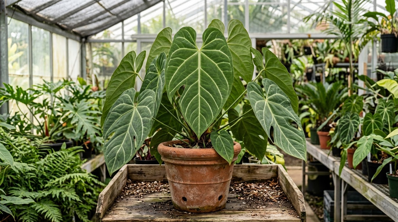 Anthurium abajoense in a terracotta pot inside a greenhouse.