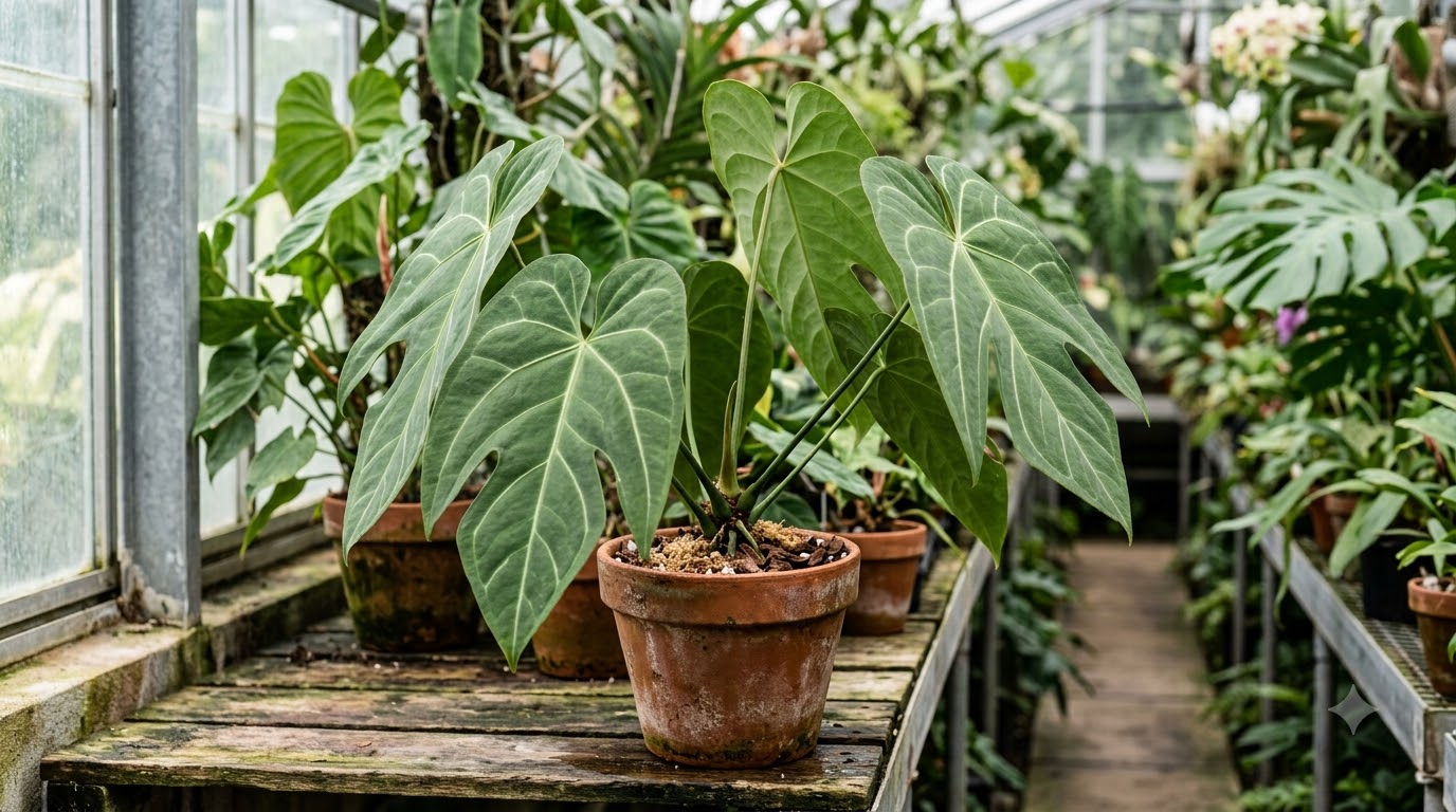 Anthurium abajoense plant in a terracotta pot inside a greenhouse.