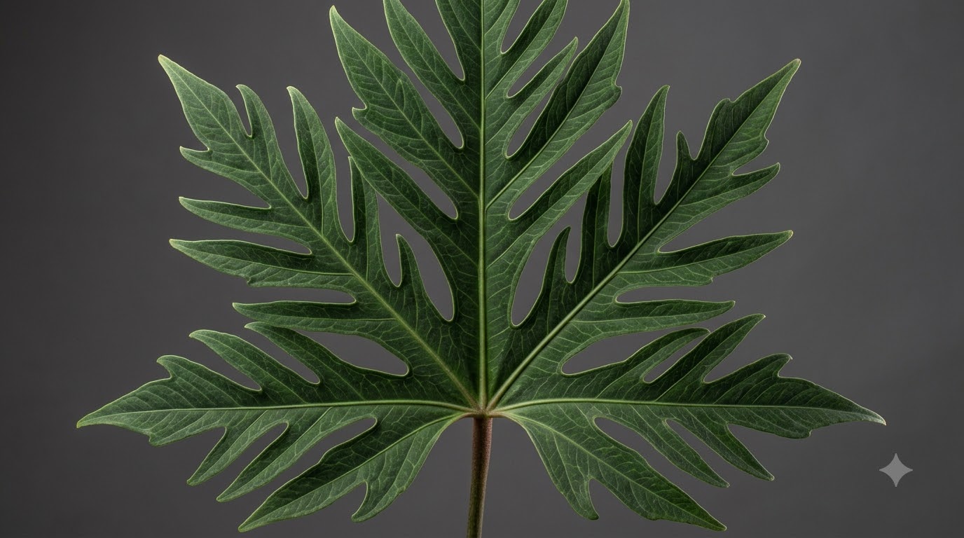 Close-up of a deeply lobed Anthurium abajoense leaf against a dark background.