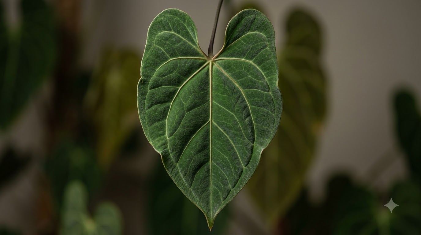 Close-up of a textured, heart-shaped Anthurium abajoense leaf with prominent pale veins against a blurred background.