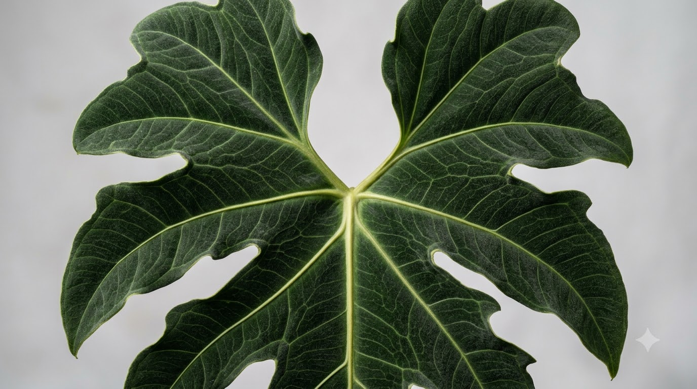 Close-up of a large, lobed green Anthurium abajoense leaf showing prominent light-colored veins against a neutral background.