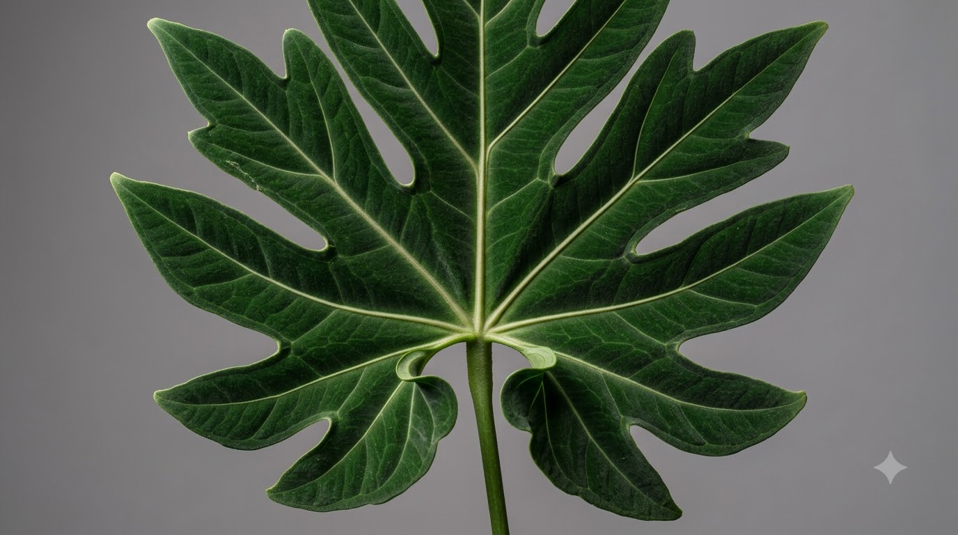 Close-up of a deeply lobed dark green Anthurium abajoense leaf with prominent pale veins against a grey background.