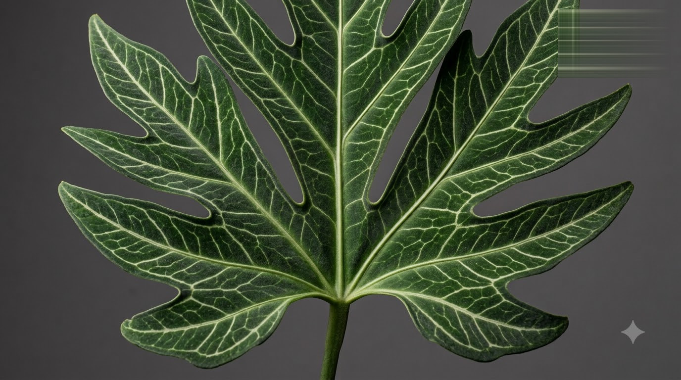Close-up of a lobed Anthurium abajoense leaf showcasing prominent pale veins against a dark green surface.