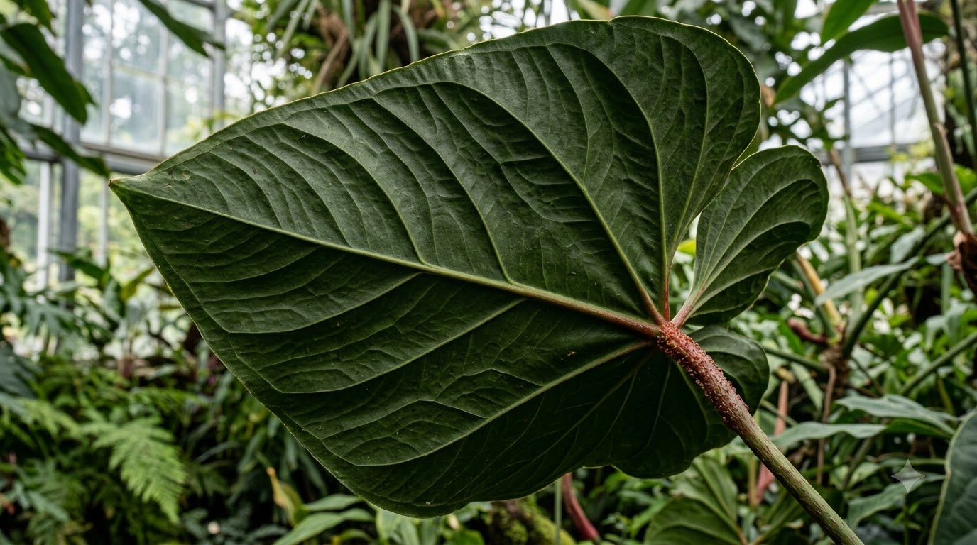 Close-up of the underside of a large, dark green Anthurium abajoense leaf, showing prominent veins and a textured petiole.